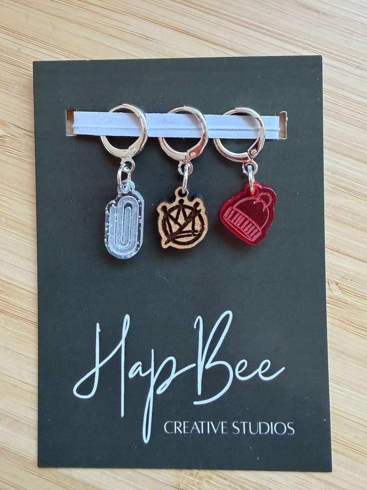 BOUND TOGETHER / NO KINGS / RED HAT stitch marker set for wholesale by HapBee Creative Studios