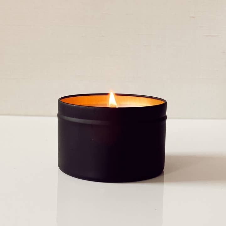 White Label 8 oz matte black tin- Year Round (UNBRANDED) for wholesale by Marblehead Candle Company