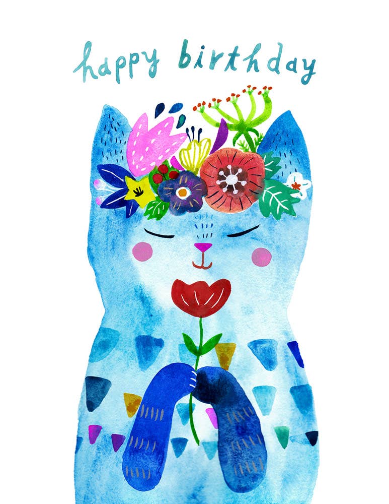 Honeyberry Studios - Wholesale Birthday Card - Blue Flower Kitty Birthday Greeting Card3