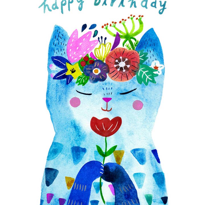 Honeyberry Studios - Wholesale Birthday Card - Blue Flower Kitty Birthday Greeting Card3