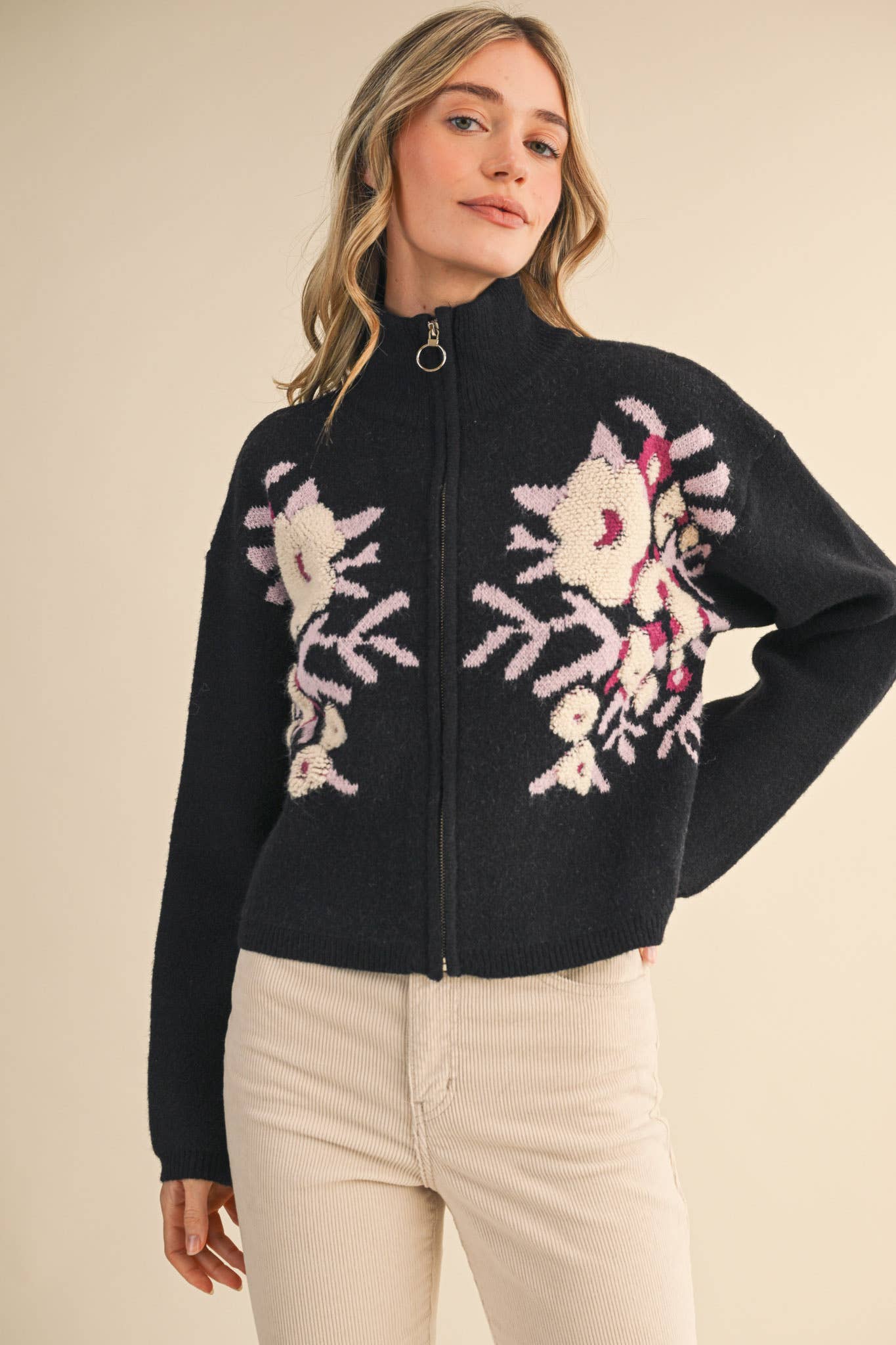 &MERCI - Wholesale Cardigan - Women's - FLORAL ZIP UP SWEATER CARDIGAN MSW111883