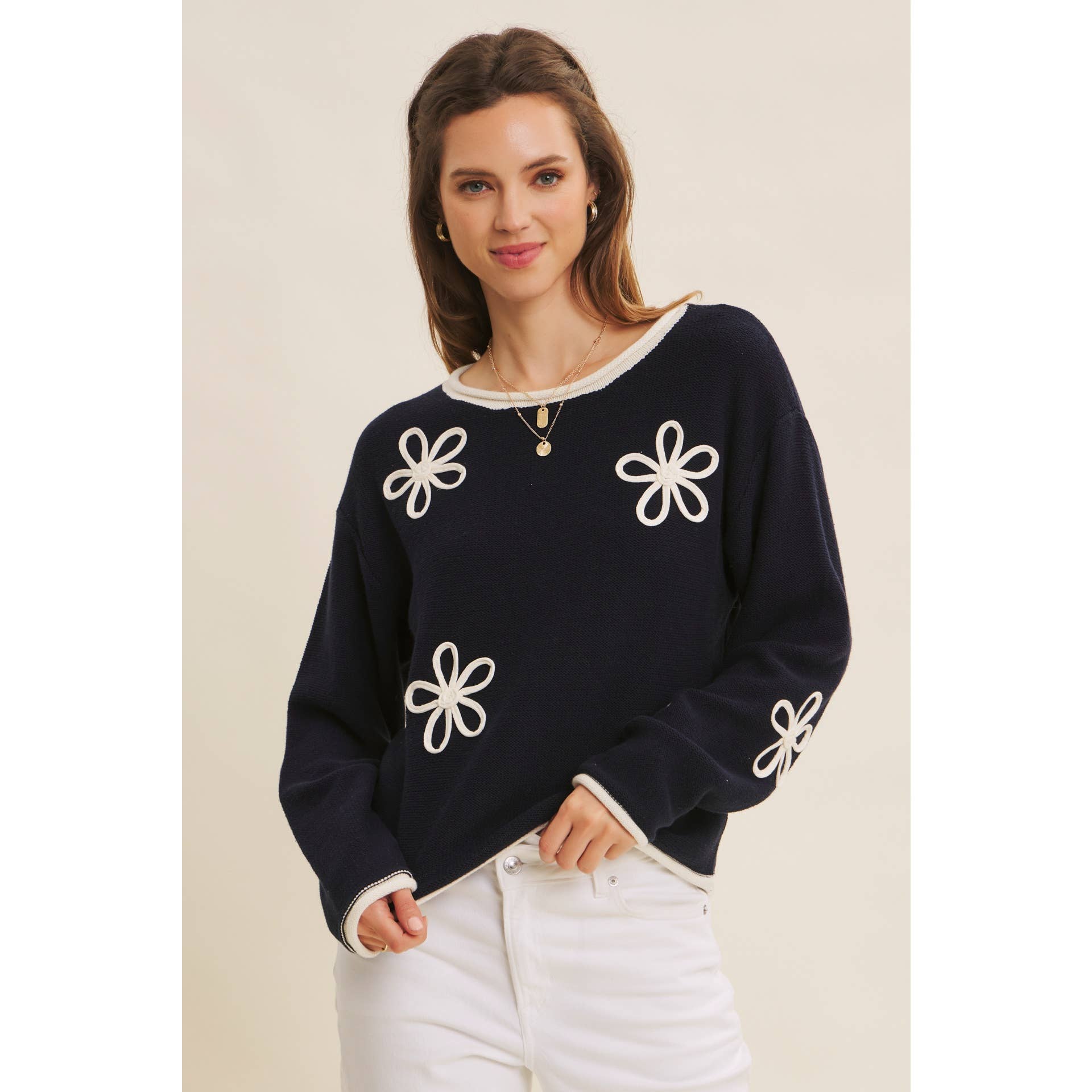 in february - Wholesale Knit Sweater - Women's - EFFORTLESS COMFORT CONTRAST FLORAL APPLIQUE SOFT SWEATER18