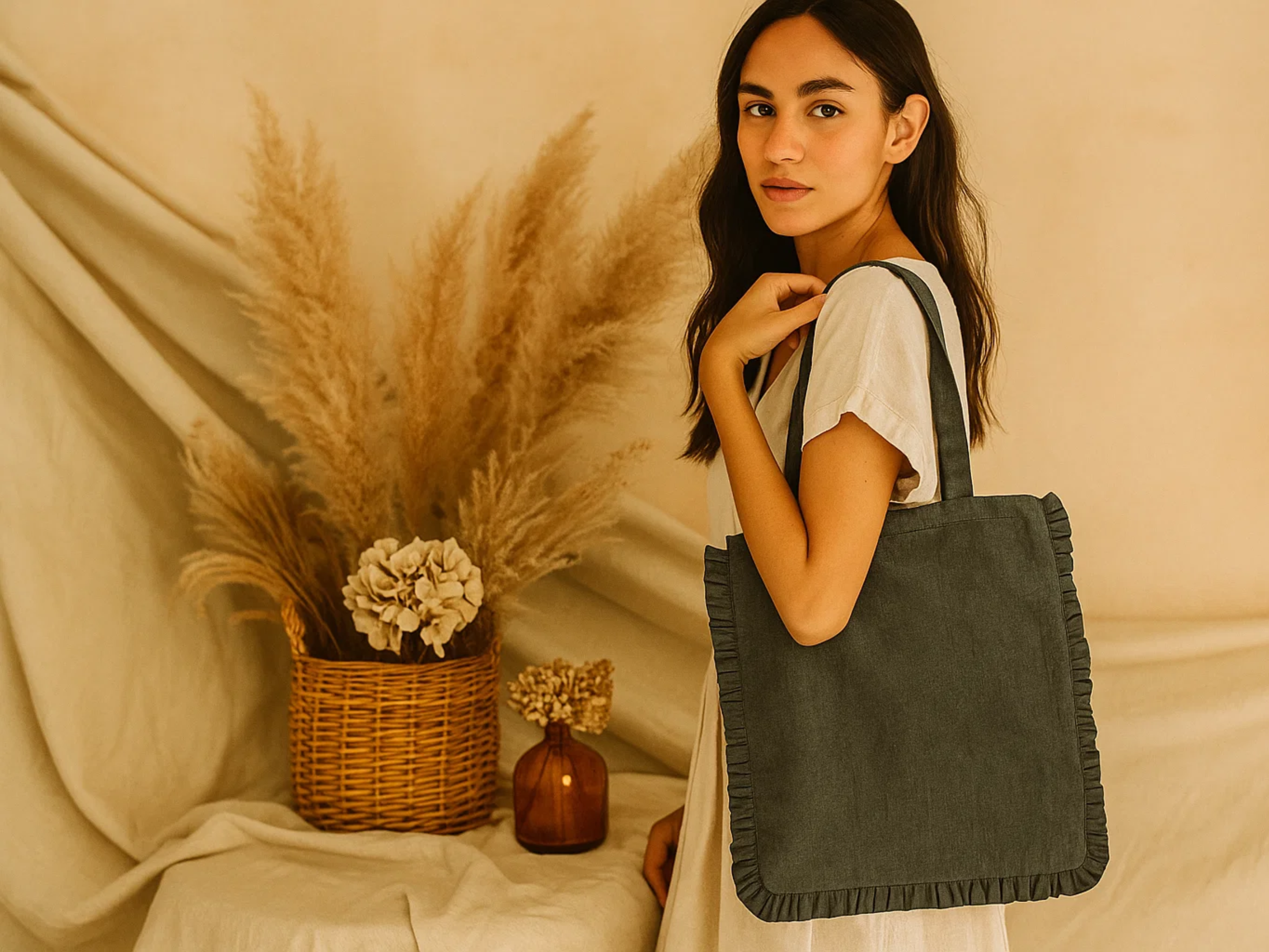 House of Kraft Jewelry & Accessories - Wholesale Tote Bag - Women's - Canvas Ruffle Tote | Canvas Colored Tote Bag | Unbranded 18