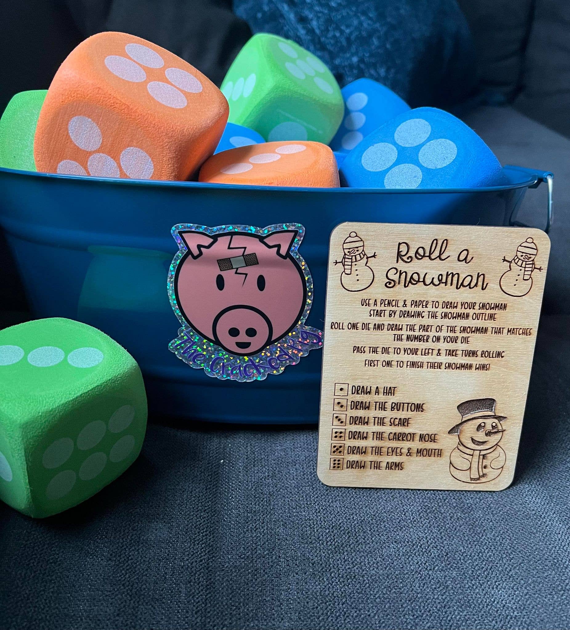 The Cracked Pig - Wholesale Dice - Roll A Snowman Dice Game | Eco Friendly Wooden Game Card1
