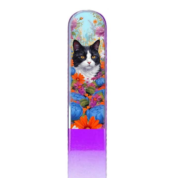 Classy Nail Files - Venta al por mayor Limas de uñas - Lima de uñas de cristal checo coloreada con diseño de gato de esmoquin y flores 3D.