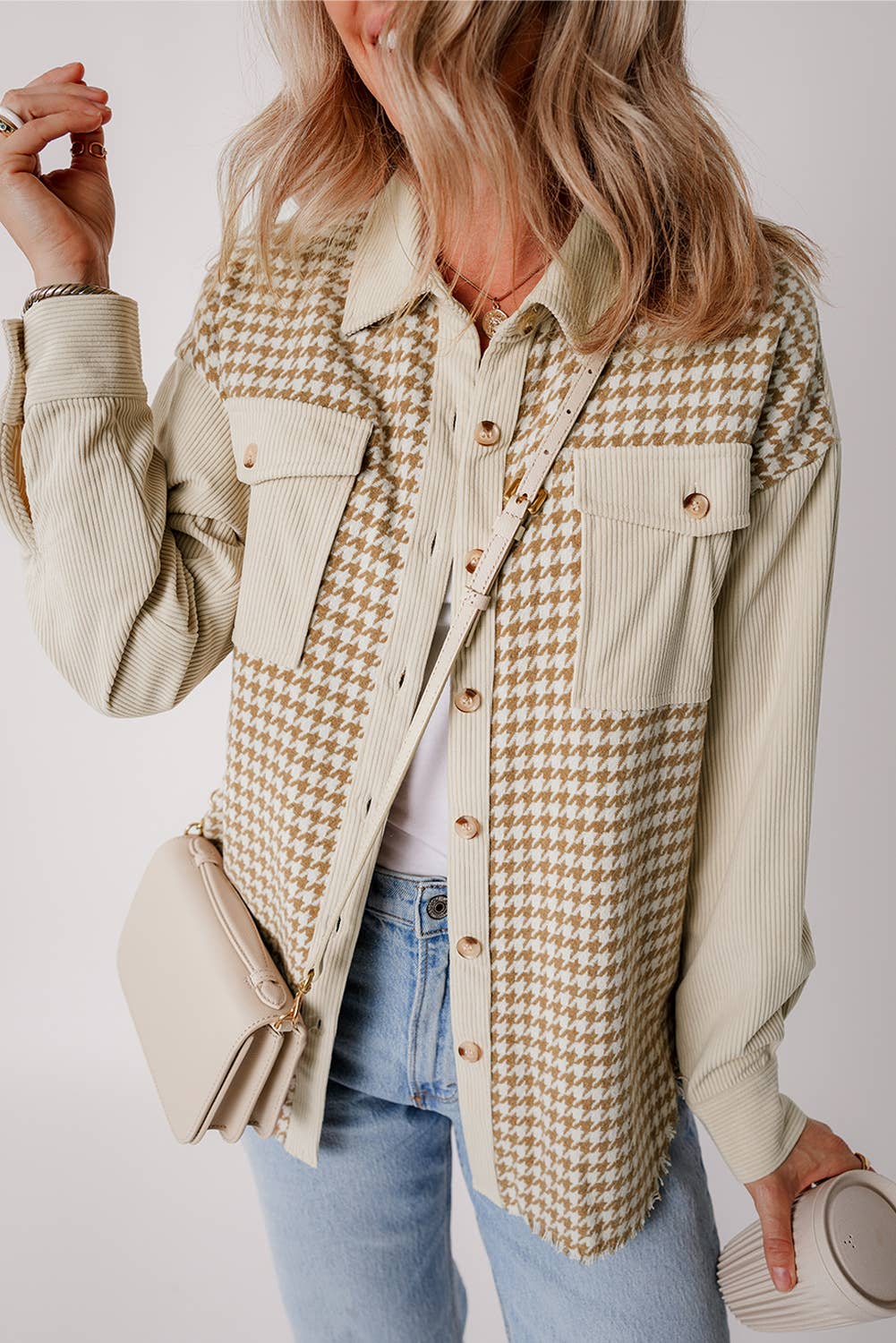 Babs + Birdie - Wholesale Shirt Jacket/Shacket - Women's - Vivi | Houndstooth Corduroy Patchwork Flap Pocket Shacket8