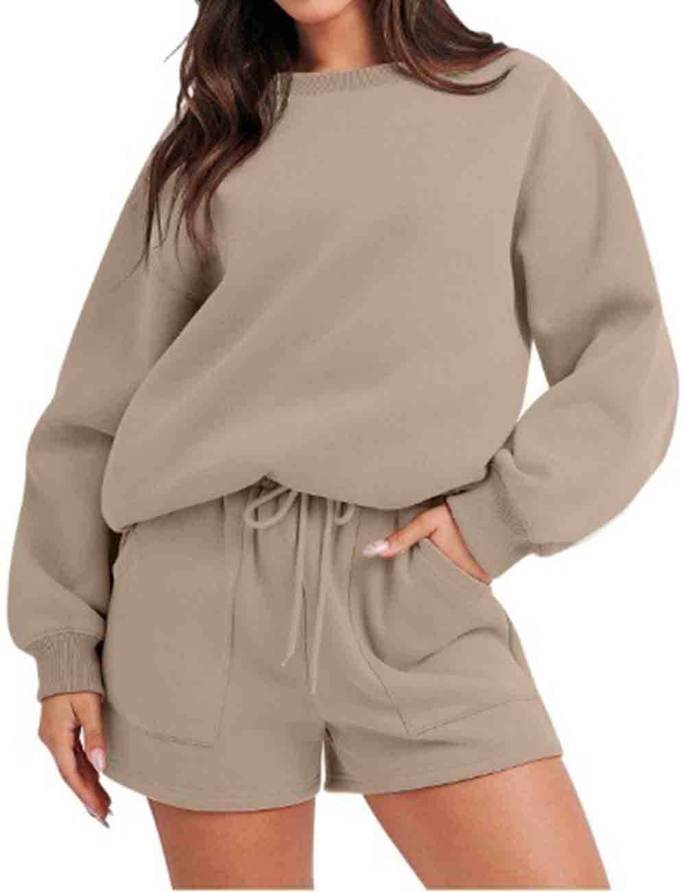 Sweetkama - Wholesale Lounge Set - Women's - Ladies Solid Color Long Sleeves Sweatshirt & Shorts Set6
