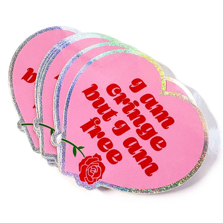 I Am Cringe But I Am Free Heart Shaped Glitter Sticker for wholesale by Krystan Saint Cat