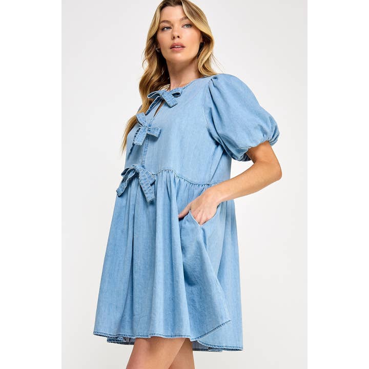PUFF-SLEEVE FIT-AND-FLARE BOW-TIE DENIM DRESS (SD7746) for wholesale by Sage + Fig