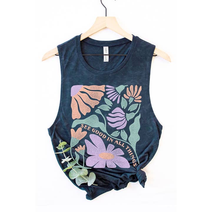 ZIEN HET GOEDE IN ALLE DINGEN MINERAAL GRAFISCHE TANKTOP voor wholesale door HRTandLUV