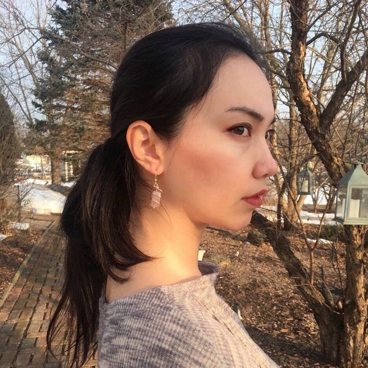 Quartz Swirl - Wire Wrapped Rose Quartz Dangle Earrings for wholesale by Linny’s Arsty Fingers LLC