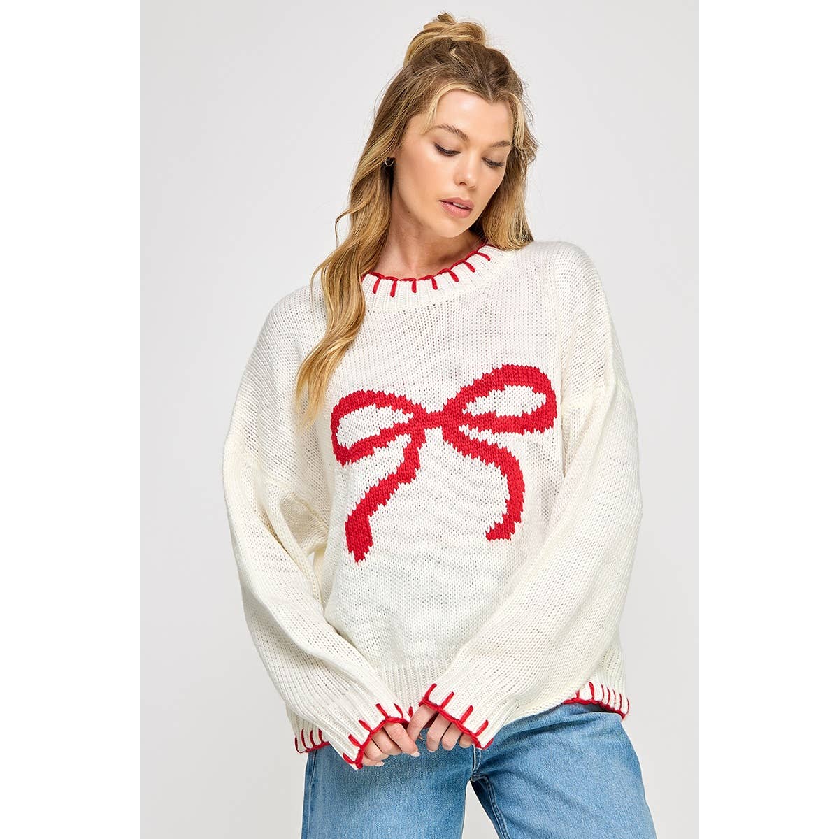 Sweet Generis - Vente Pull en maille – femme - Pull col rond de fête avec gros nœud et surpiqûres contrastées25