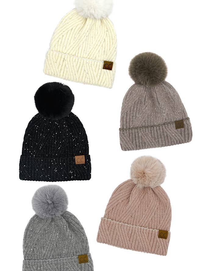C.C Sequin with Pom Beanie Hat for wholesale by Hana