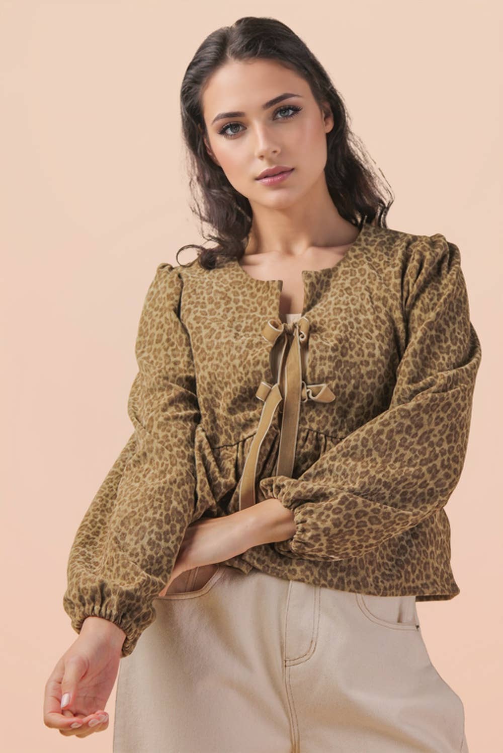 VERY J - Wholesale Blouse - Women's - NT12244-Leopard Printed Front Tie Woven Blouse Top11