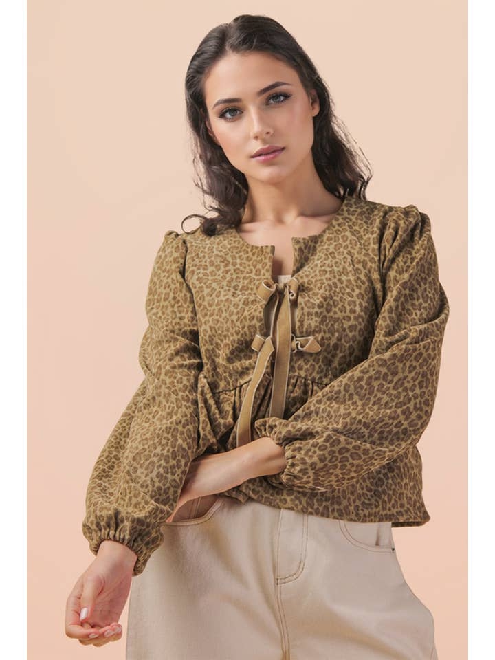 VERY J - Wholesale Blouse - Women's - NT12244-Leopard Printed Front Tie Woven Blouse Top11