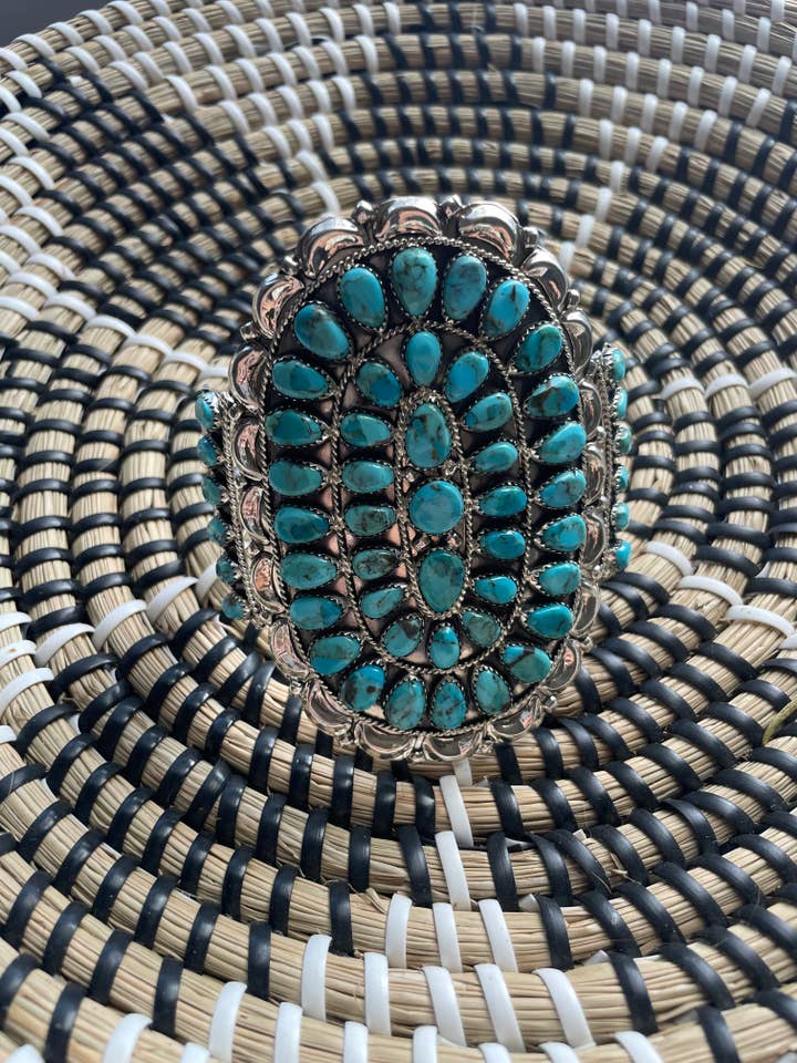 Navajo Sterling Silver & Turquoise Statement Cuff Bracelet Signed for wholesale by Nizhonitradersllc