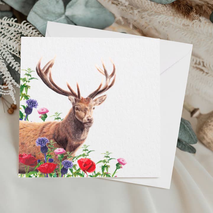 Stag Poppy Field Greetings Card | Deer Card | Poppies for wholesale by Gemini's Fine Art Studio