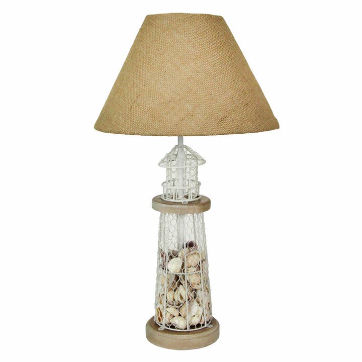 White and Gray Seashell Lighthouse Table Lamp Burlap Shade for wholesale by Zeckos