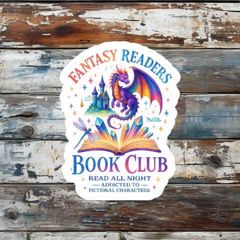 Pegatina de vinilo troquelada con dragón del Club de lectura Fantasy Readers para venta al por mayor de Prairie Chicken Sticker Shop & Gifts