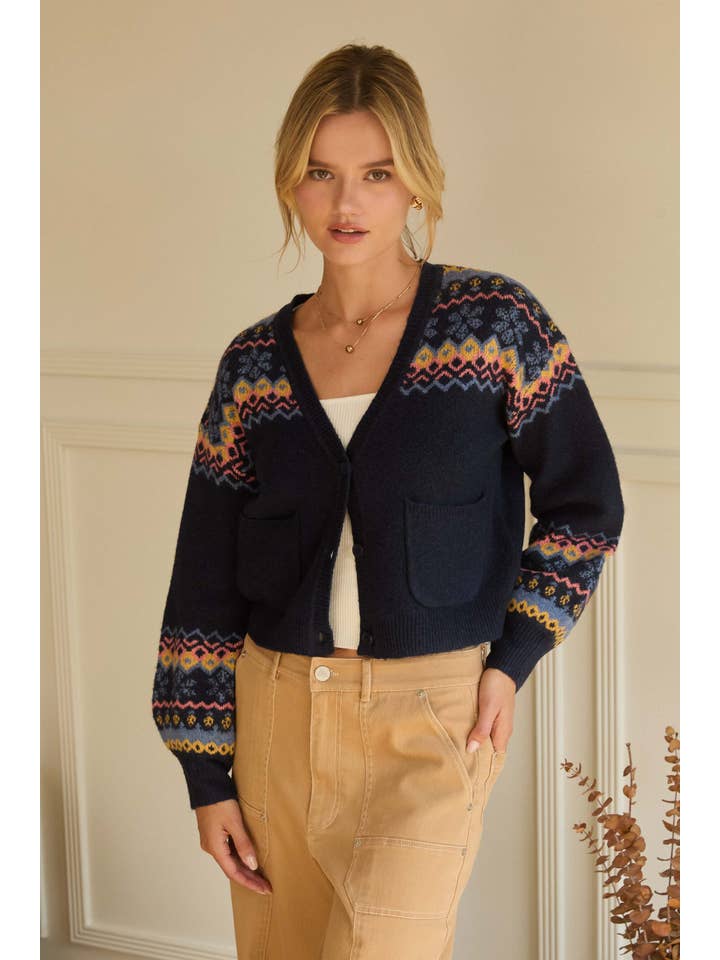 Navy Multi Fair Isle Intarsia Sweater Knit Cardigan for wholesale on Faire1