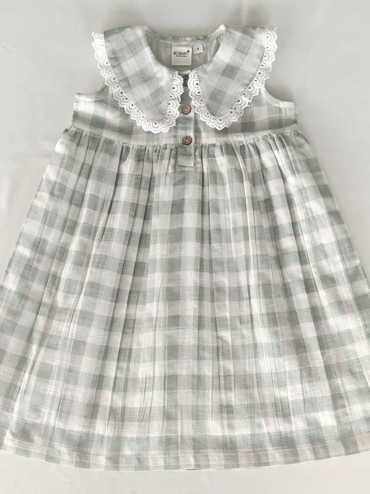 Sage Checks Dress with Delicate Lace Peter-Pan Collar for wholesale by Yo Baby