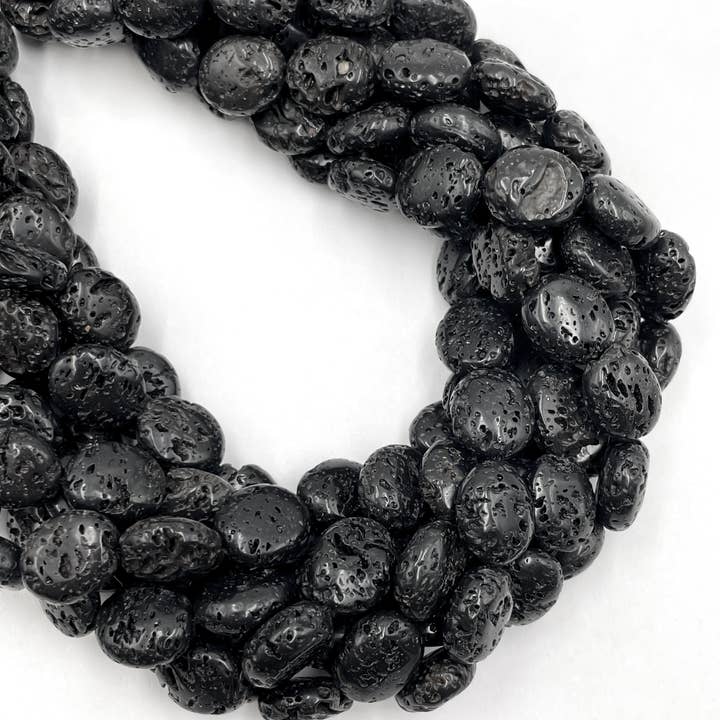 CRCBEADS - Wholesale Beads - Natural Black Lava Rock Stone Flat Oval Shape Size 10x12mm 15.5" Strand1