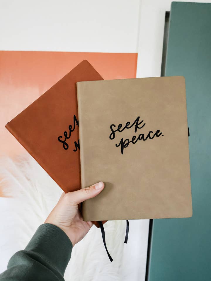 Seek Peace | leather journal notebook for wholesale by Written by Maria