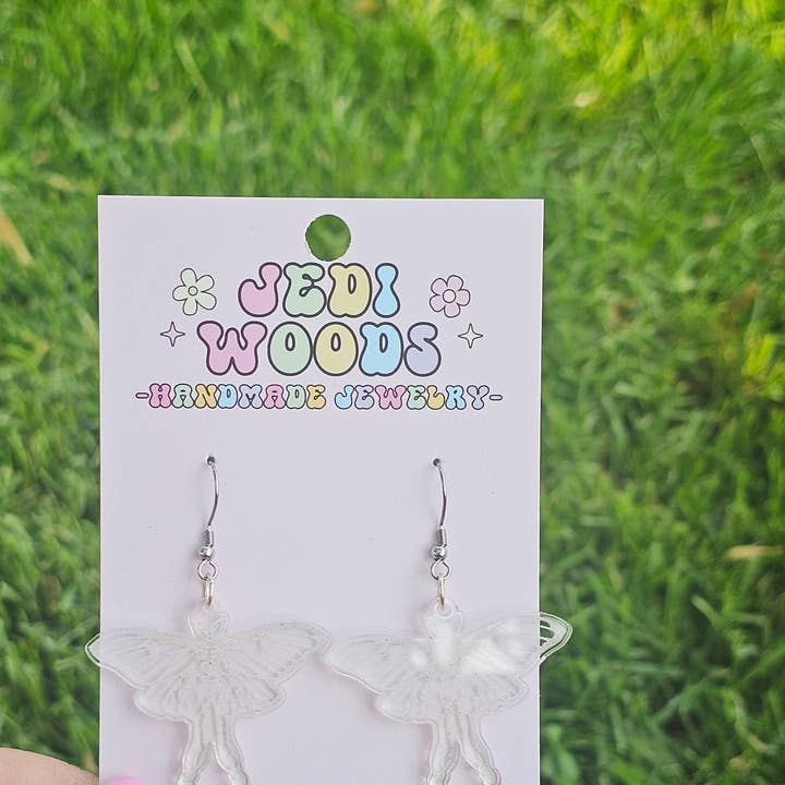 Luna Moth Clear Acrylic Earrings for wholesale by Jedi Woods LLC