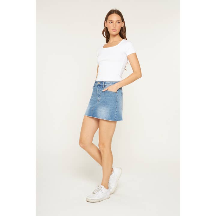 LIGHT SMOG INDIGO HIGH RISE RAW HEM MINI SKIRT for wholesale on Faire4