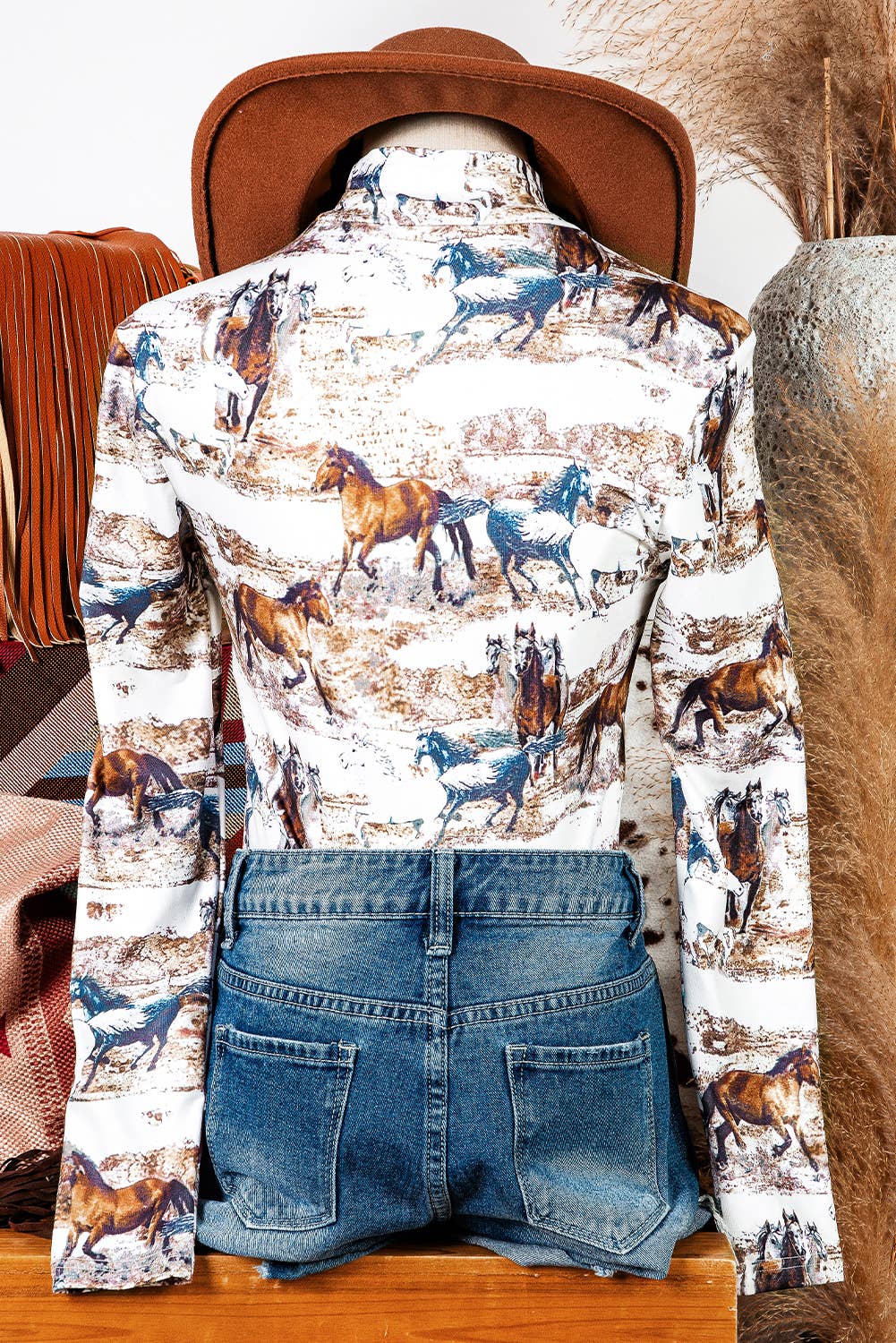 As shown Western Wild Horses Hollow-out High Neck Top Blouse for wholesale on Faire3