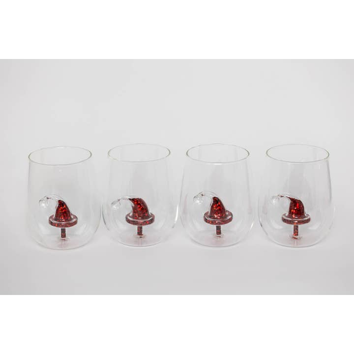 JF Glitter Christmas Santa Hat Stemless Wine Glass, Set of 4 for wholesale by Jeanne Fitz