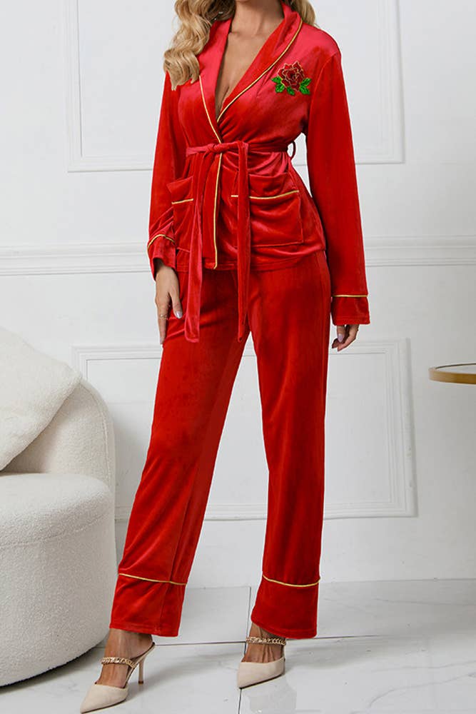 UNISHE - Vente Haut et bas de pyjama – femme - Ensemble de pyjama en velours brodé rose HYG04112