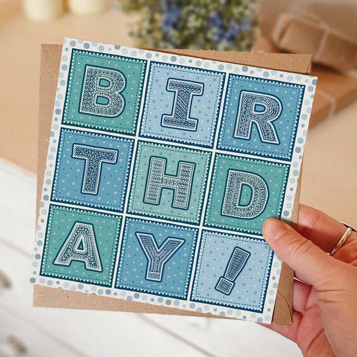 Jess A Little Creative - Wholesale Birthday Card - Blue and Turquoise Typographic Birthday Card