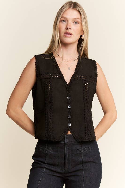 JADE BY JANE PLUS - Wholesale Outerwear Vest - Women's - PLUS SIZE SUEDE VEST WITH LACE TRIM17
