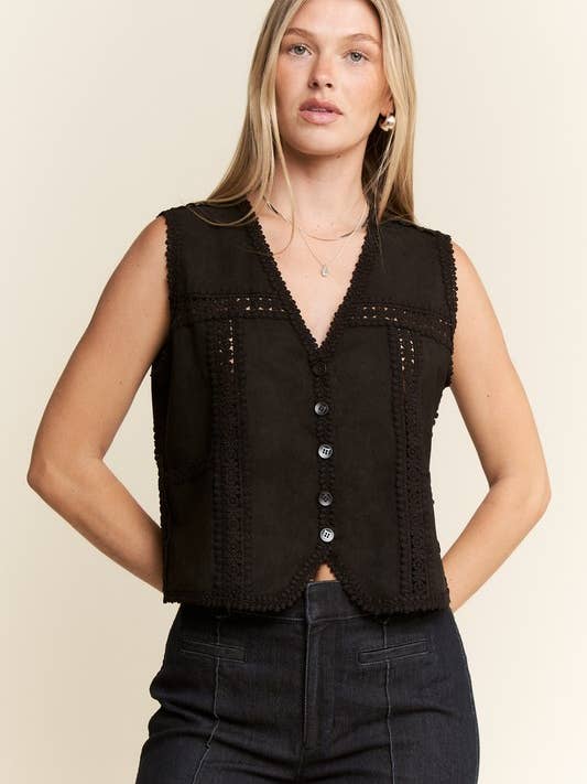 JADE BY JANE PLUS - Wholesale Outerwear Vest - Women's - PLUS SIZE SUEDE VEST WITH LACE TRIM17