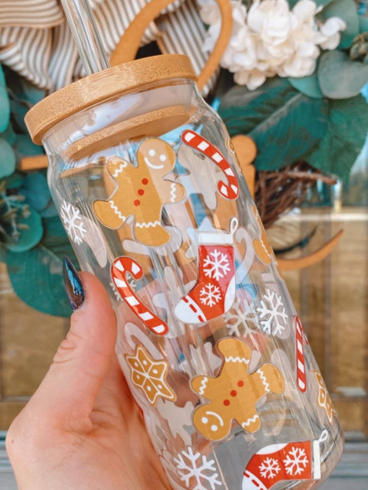 20 oz Glass Can - Gingerbread Cup, Libbey Glass, Christmas for wholesale by Laila M and Co