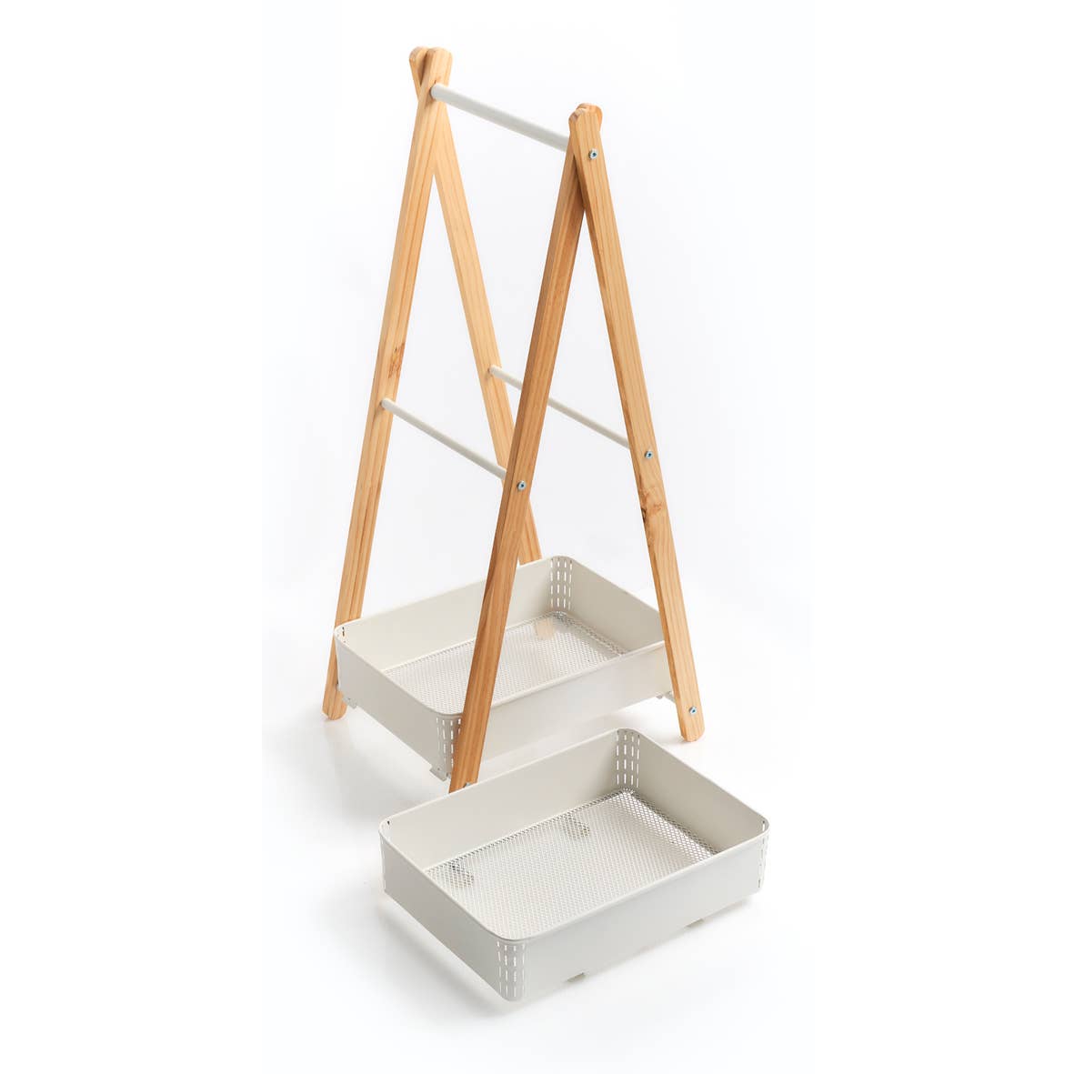 Freestanding shelf with 2 baskets, metal/wood, white for wholesale on Faire5