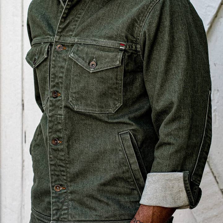 Artcher Jacket | 14oz Broken Twill Denim Olive and other Purchase Wholesale custom jacket. Free Returns & Net 60 Terms on Faire trending on Faire.