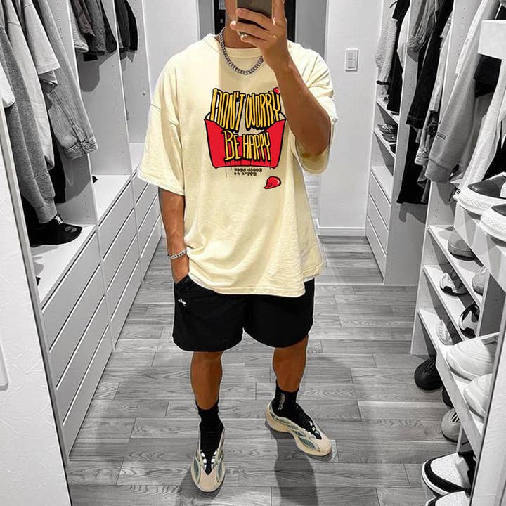 Beige Fries and Braille Print Positive Quotes Men's Cotton T-shirt for wholesale on Faire1