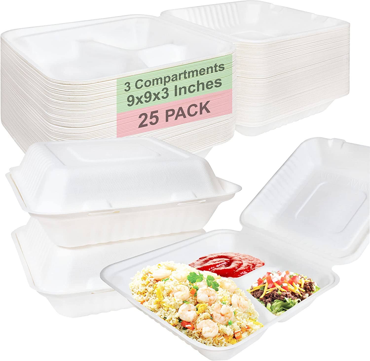 EcoQuality - Wholesale Food storage container - Compostable 3-Compartment Rectangular Hinged Clamshell 9x9x3