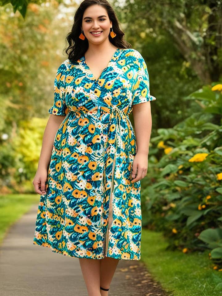 Storlek klänning med slits och tryck (C6555-GRÖN) för wholesale av Pomme Rouge Paris