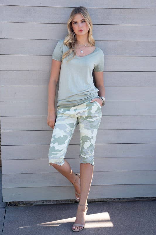 CAMOUFLAGE CRINKLE FRINGE HEM BERMUDA SHORTS (58381-CAMO) for wholesale on Faire4