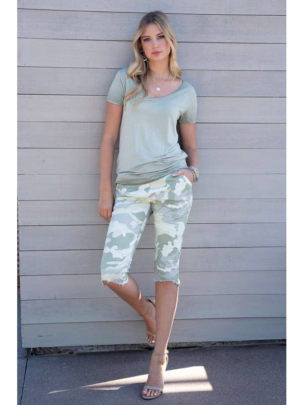 CAMOUFLAGE CRINKLE FRINGE HEM BERMUDA SHORTS (58381-CAMO) for wholesale on Faire4