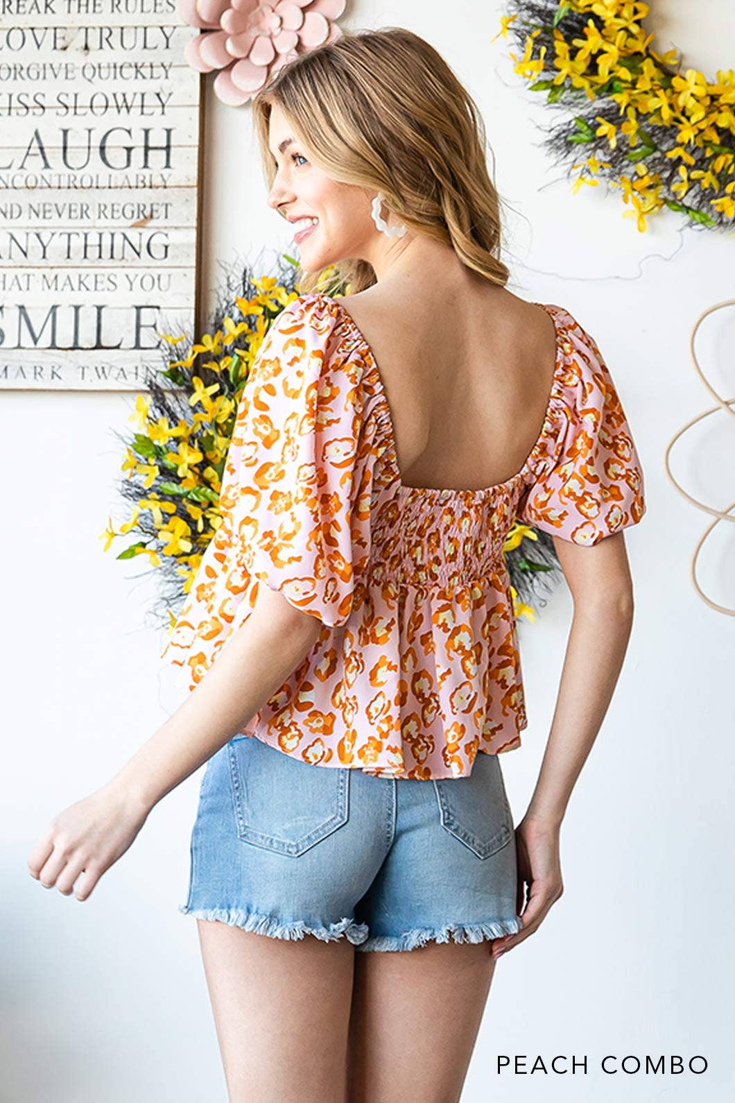 Wholesale BL64494W-Peplum Square Neck Top W/ Bubble Sleeve