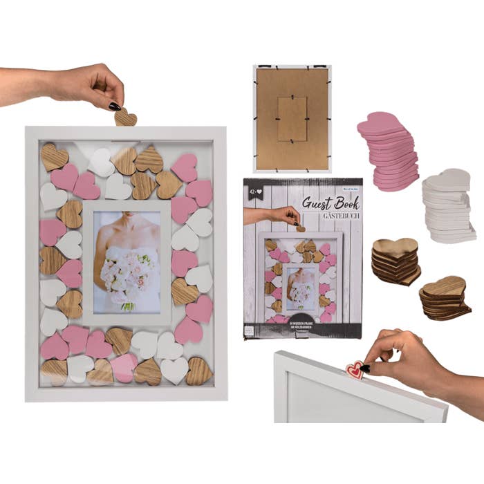 Libro degli ospiti con cornice fotografica e 42 cuori di legno scrivibili in 3 colori per la vendita all'ingrosso da parte di Out of the blue KG