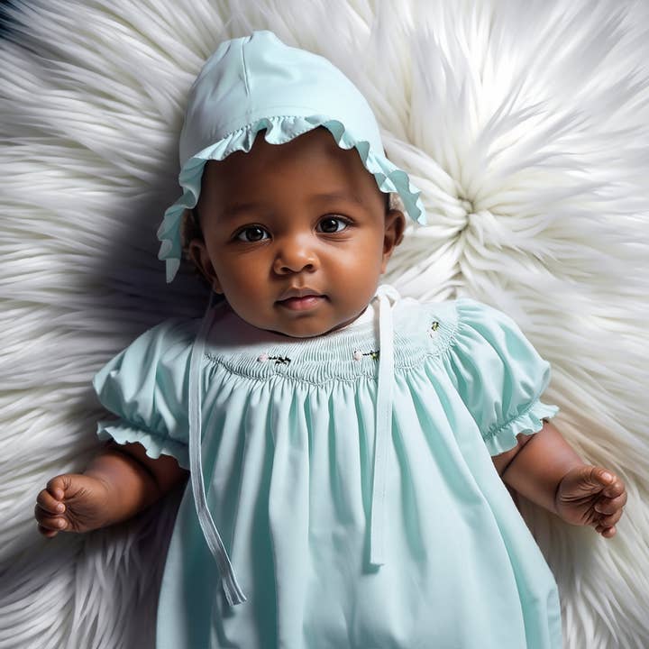 Minzgrünes geometrisches Kleid mit Blumen, kurzen Bischofsärmeln und schöner Haube. für den Großhandel von Hello Bebes!