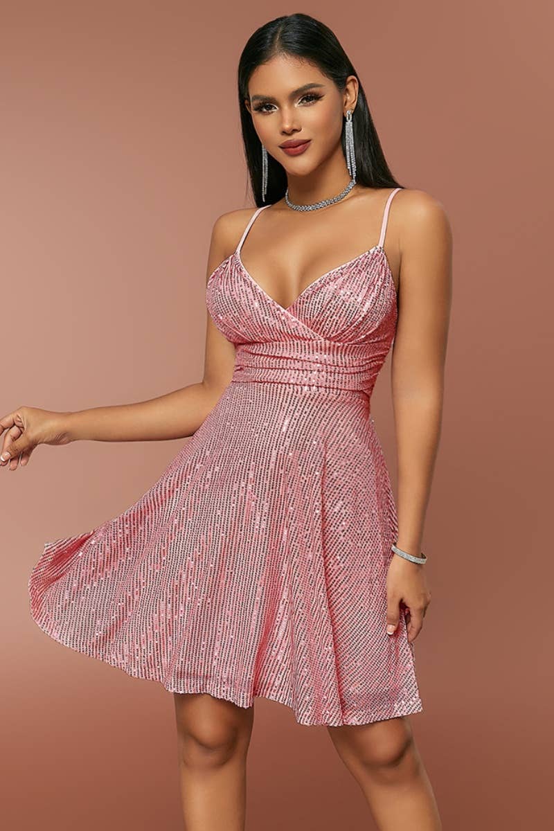 NINEXIS - Vente Robe – femme - CWDHL0369_ROBE COURTE SEXY À COL EN V ET À SEQUINS SANS MANCHES5