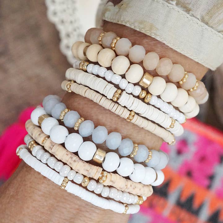 PennyLine inc - Wholesale Beaded Bracelet - Summer Fresh Neutrals stack clay glass wood beads bracelets set1