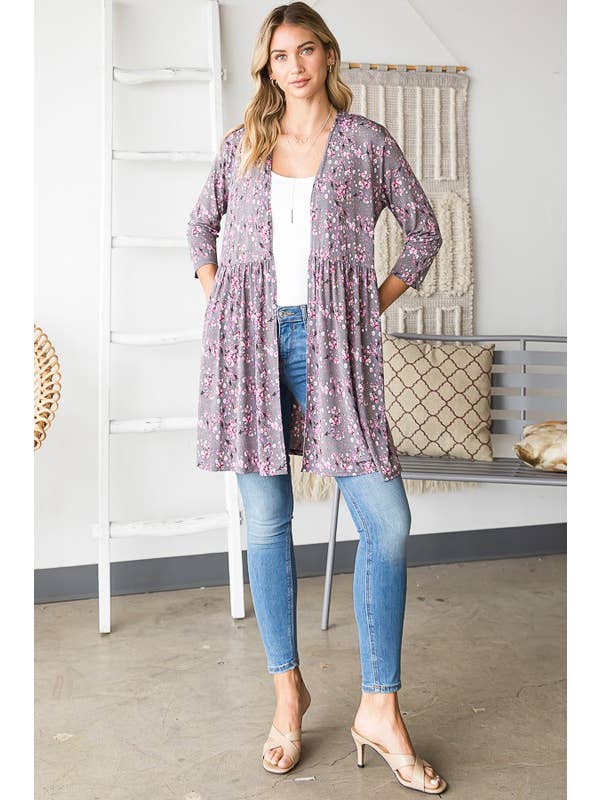 CHARCOAL SJ1082-17 FLORAL OPEN CARDIGAN WITH SHIRRING for wholesale on Faire5