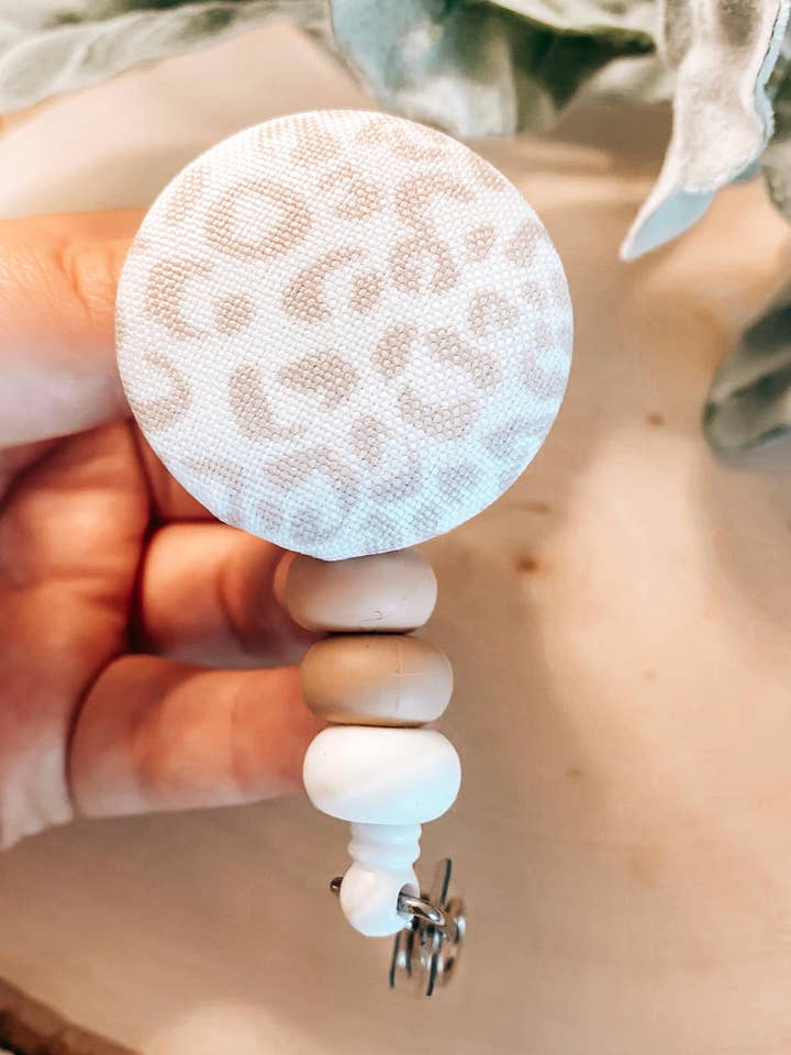 Nude Neutral Badge Reel with Nude Leopard Button Topper for wholesale by The Crafting Junkie Ga
